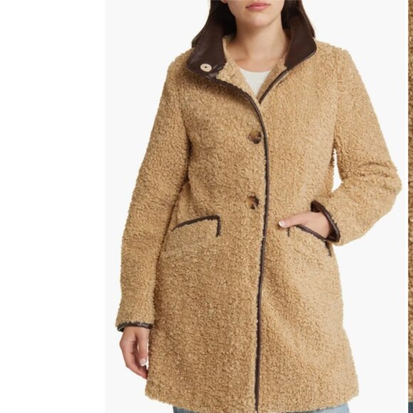 Sam Edelman Womens Tan Faux Fur Teddy Medium Length Winter Coat NWT - Picture 1 of 12